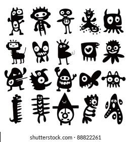 Collection of cartoon funny monsters silhouettes