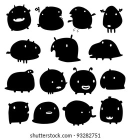 collection of cartoon funny monsters silhouettes