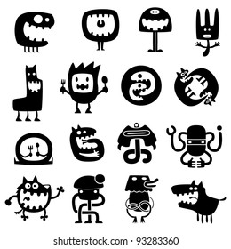 collection of cartoon funny monsters silhouettes