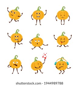 Collection cartoon funny pumpkin different emotions. Design elements for print, party decoration,  illustration,  sticker.