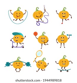 Colección de caricaturas divertidas calabaza practicando diferentes deportes. Actividades físicas vegetales establecidas. Elementos de diseño para impresión, decoración de partido, ilustración, pegatina.