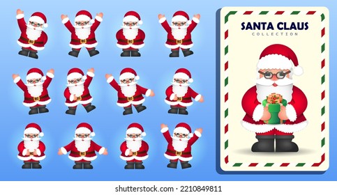 Collection of cartoon funny Santa Claus in different poses. Cheerful Santa in various poses and with green gift box in hands. Smiling Xmas characters standing on a floor. Christmas decoration