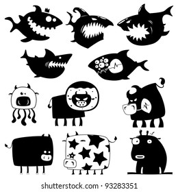 Collection of cartoon funny sharks and cows silhouettes