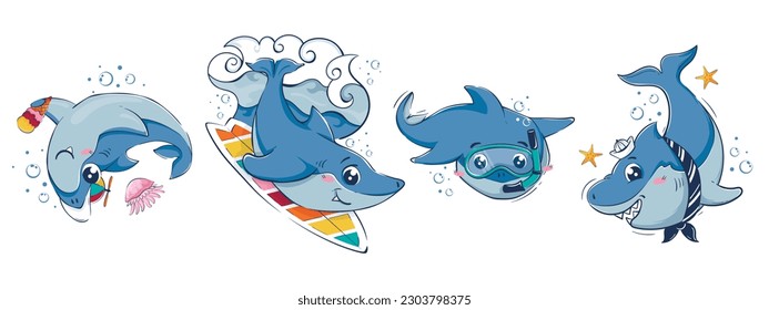 Collection of cartoon funny sharks. Summer beach characters for fashion design, advertising. Vector illustration of the underwater world.