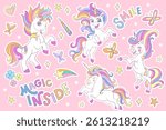 Collection of cartoon funny unicorns and magic elements isolated on a background. Vector illustration. For sticker pack, print, posters, design, decoration, linen, dishes, t-shirt and kids apparel