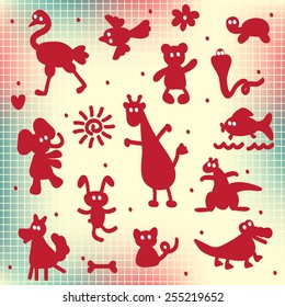 Collection of cartoon funny vector animals silhouettes