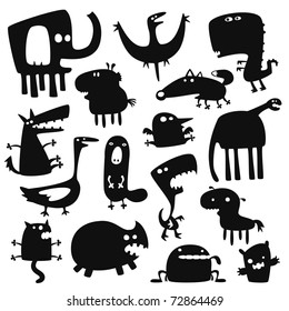 Collection of cartoon funny vector animals silhouettes