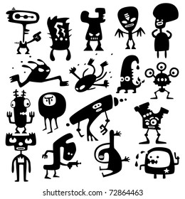 Collection of cartoon funny vector monsters silhouettes