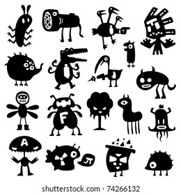 Collection of cartoon funny vector monsters silhouettes