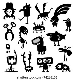 Collection of cartoon funny vector monsters silhouettes