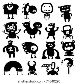 Collection of cartoon funny vector monsters silhouettes