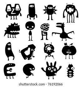 Collection of cartoon funny vector monsters silhouettes