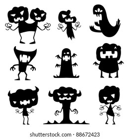 Collection of cartoon funny vector monsters silhouettes