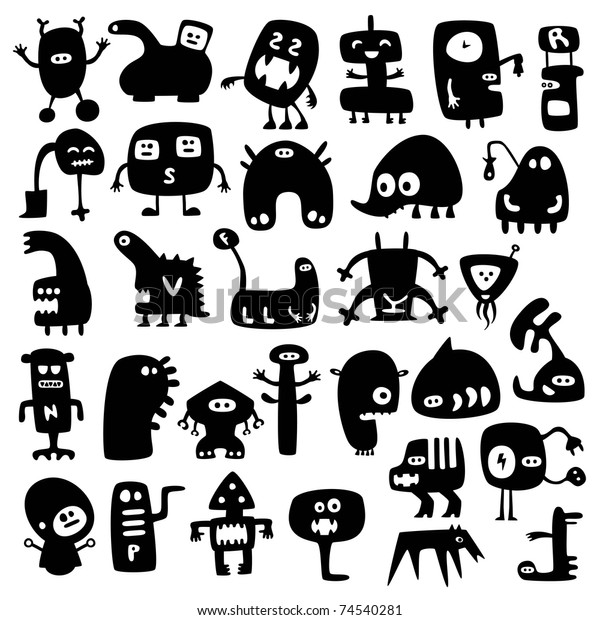 Collection Cartoon Funny Vector Monsters Silhouettes Stock Vector ...