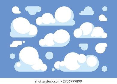 Coleção de nuvem geométrica de desenho animado no céu azul. Ilustração de vetor de design plano.