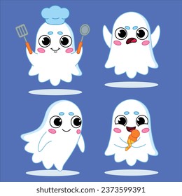 collection cartoon ghost character eating ice cream getting angry cooking vector design illustration