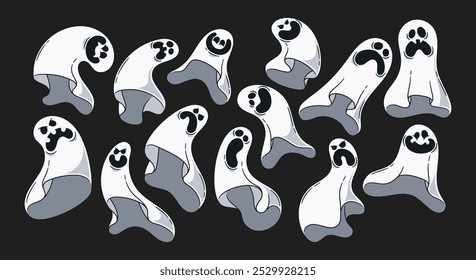 Collection Of Cartoon Ghosts Displaying Different Facial Expressions On A Black Background