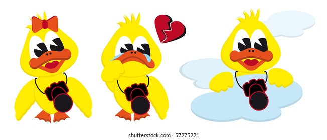 collection of cartoon girl broken heart and cloud ducks