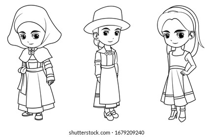 Collection of cartoon girl wearing French German and Greek costume used for coloring book