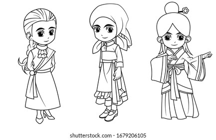 Collection of cartoon girl wearing Scottish Russian and Chinese costume used for coloring book