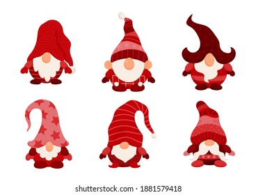 Collection of cartoon gnomes isolated on white background Cute bearded gnomes in red individual hats. Vector illustration