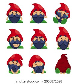 Una colección de gnomos de dibujos animados. Conjunto vectorial de enanos con diferentes emociones