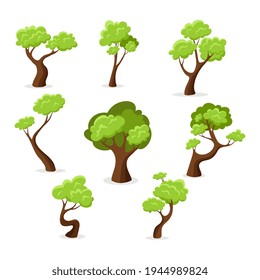 Collection cartoon green tree isolated on white background. Enviroment elements set