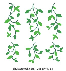 A collection of cartoon green vine clipart with curly stems and leaves, perfect for nature illustrations, botanical designs, DIY crafts, scrapbooking, and decorative borders.