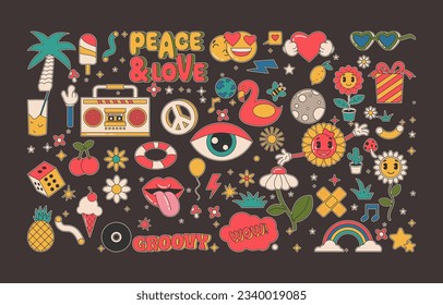 Collection of Cartoon groovy stickers 70s. Cute retro characters. Hippie style, set cute stickers. set cute labels. Isolated 