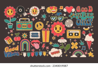 Collection of Cartoon groovy stickers 70s. Cute retro characters. Hippie style, set cute stickers. set cute labels. Isolated 