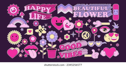 Collection of Cartoon groovy stickers 70s. Cute retro characters. Hippie style, set cute stickers. set cute labels. Isolated 