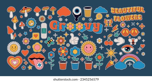 Collection of Cartoon groovy stickers 70s. Cute retro characters. Hippie style, set cute stickers. set cute labels. Isolated 