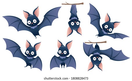 Collection of cartoon Halloween bat hanging upside down on a branch. Design for Halloween; Halloween mood. Woodland in the background with moon. Vector illustration