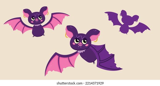 Collection of cartoon Halloween bat hanging upside down on a branch. Design for Halloween; Halloween mood. Woodland in the background with moon. Vector illustration