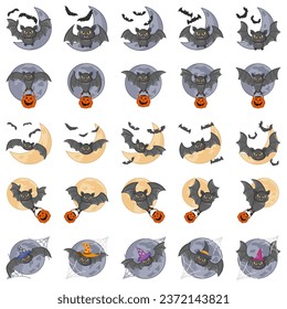 Collection of cartoon Halloween bat hanging upside down on a branch. Design for Halloween; Halloween mood. Woodland in the background with moon. Vector illustration