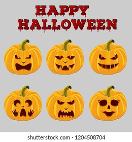 Collection of cartoon Halloween holiday pumpkins with carved faces. Jack o lanterns sticker set. Funny monsters icons.  Happy Halloween concept greeting card, digital poster. Vector illustration