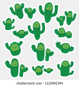 Collection of cartoon hand-drawn cacti with different emotions. Vector illustration. Use as sticker icon symbol emblem emoticon illustration for kids book notebook fridge magnet wallpaper postcard.