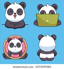 collection cartoon handdrawn pandas using laptop smiling sitting back holding donut vector design illustration