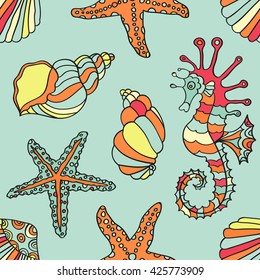 Collection of cartoon hand-drawn : sea shells, starfish and sea horse on a blue background. Summer design. Vector illustration. Summer holidays. Seamless pattern. Vector illustration.