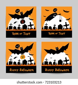 Collection of cartoon Happy Halloween spooky cards and party invitations and flyers with lettering, patterns, decoration elements. Poster, placard designs.