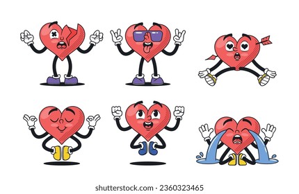 Collection Of Cartoon Heart Characters. Cool, Broken, Fall In Love, Meditate, Crying Emotions, And Expressions