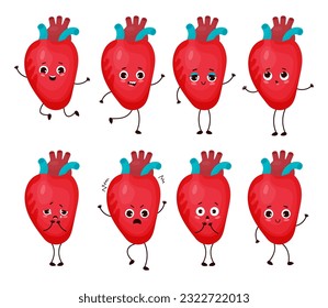 Collection cartoon heart with different emotions. Cute human organ character. Vector illustration. Mascot in cartoon style isolated on white background
