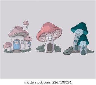 Colección de casas de dibujos animados en forma de hongos. Colorida ilustración de la vivienda para personajes de cuento de hadas. 