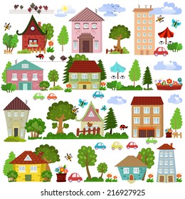 Collection of cartoon houses and trees for your design