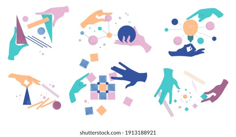 Collection of cartoon human hands with different abstract geometric shapes. Arms holding figures. Set of flat cartoon vector illustrartions isolated on white background