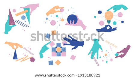 Collection of cartoon human hands with different abstract geometric shapes. Arms holding figures. Set of flat cartoon vector illustrartions isolated on white background Stock photo © 