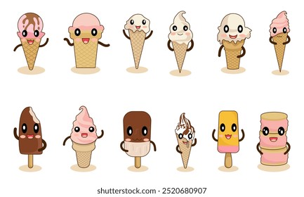 A collection of cartoon ice cream cones and popsicles with smiling faces.