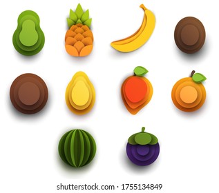 Collection cartoon icon fruits in layer paper cut style isolated on white background. Avocado, mango, banana, coconut, pineapple, papaya, watermelon, mangosteen, kiwi, orange. Vector colorful element.