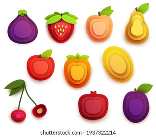 Colección de frutos de iconos de dibujos animados en el estilo de corte de papel de capa aislado en fondo blanco. Higos, manzana, pera, cereza, melón, fresa, melocotón, granada, persimón, ciruela. Elemento de color vector.