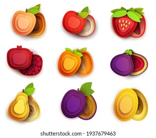Collection cartoon icon fruits in layer paper cut style isolated on white background. Figs, apple, pear, cherry, melon, strawberry, peach, pomegranate, persimmon, plum. Vector colorful element.